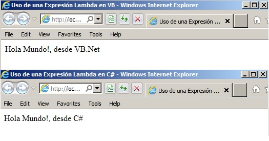 Ambas páginas, escriben el saludo a partir de una expresión lambda definida en el código por detrás.